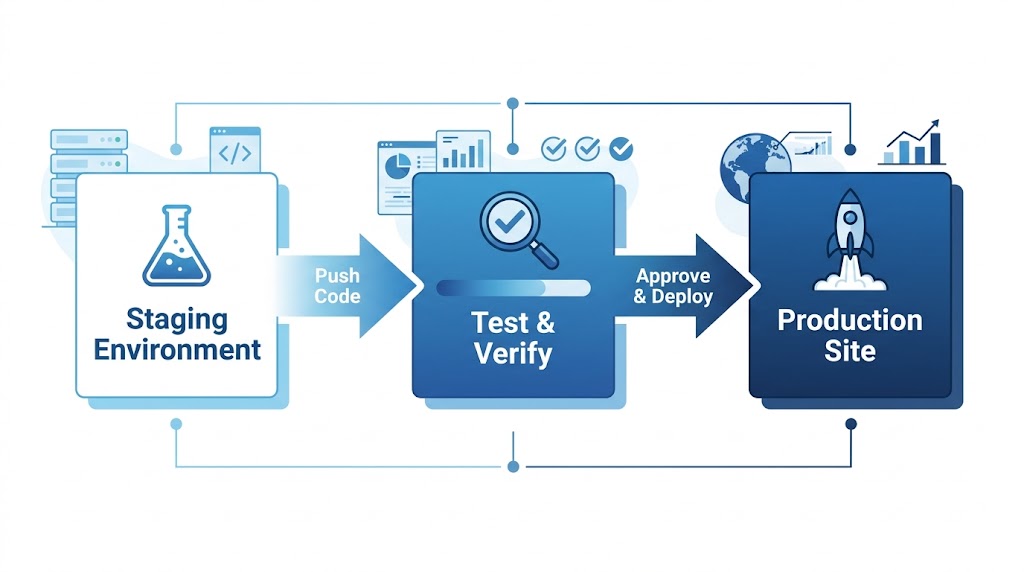 Staging Environment to Test & Verify to Production Site workflow diagram.