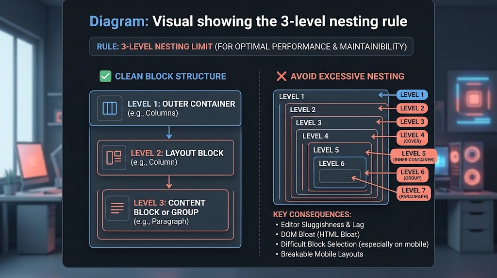 Diagram showing the 3-level nesting rule for WordPress blocks.