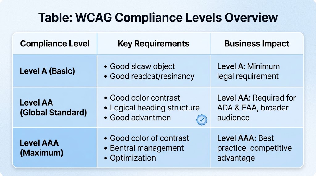 Table showing WCAG compliance levels from basic Level A through intermediate Level AA to maximum Level AAA with their respective requirements.