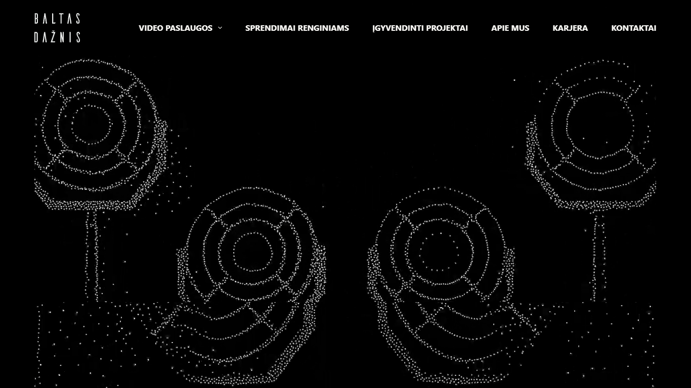 A dark-themed website design for Baltas Dažnis featuring a white dotted illustration of speakers on a black background.