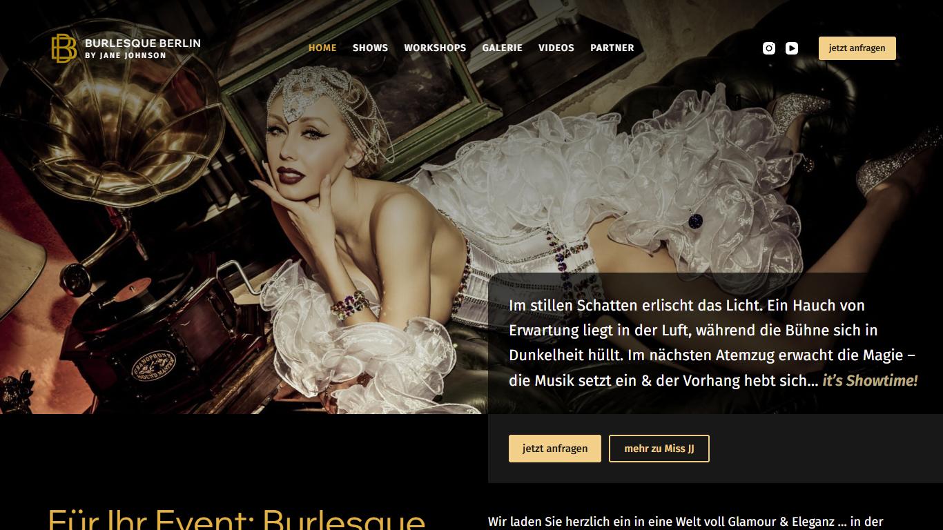A website mockup for Burlesque Berlin featuring a dramatic photo of a performer in vintage attire, German navigation menu, and yellow "Book Now" button.