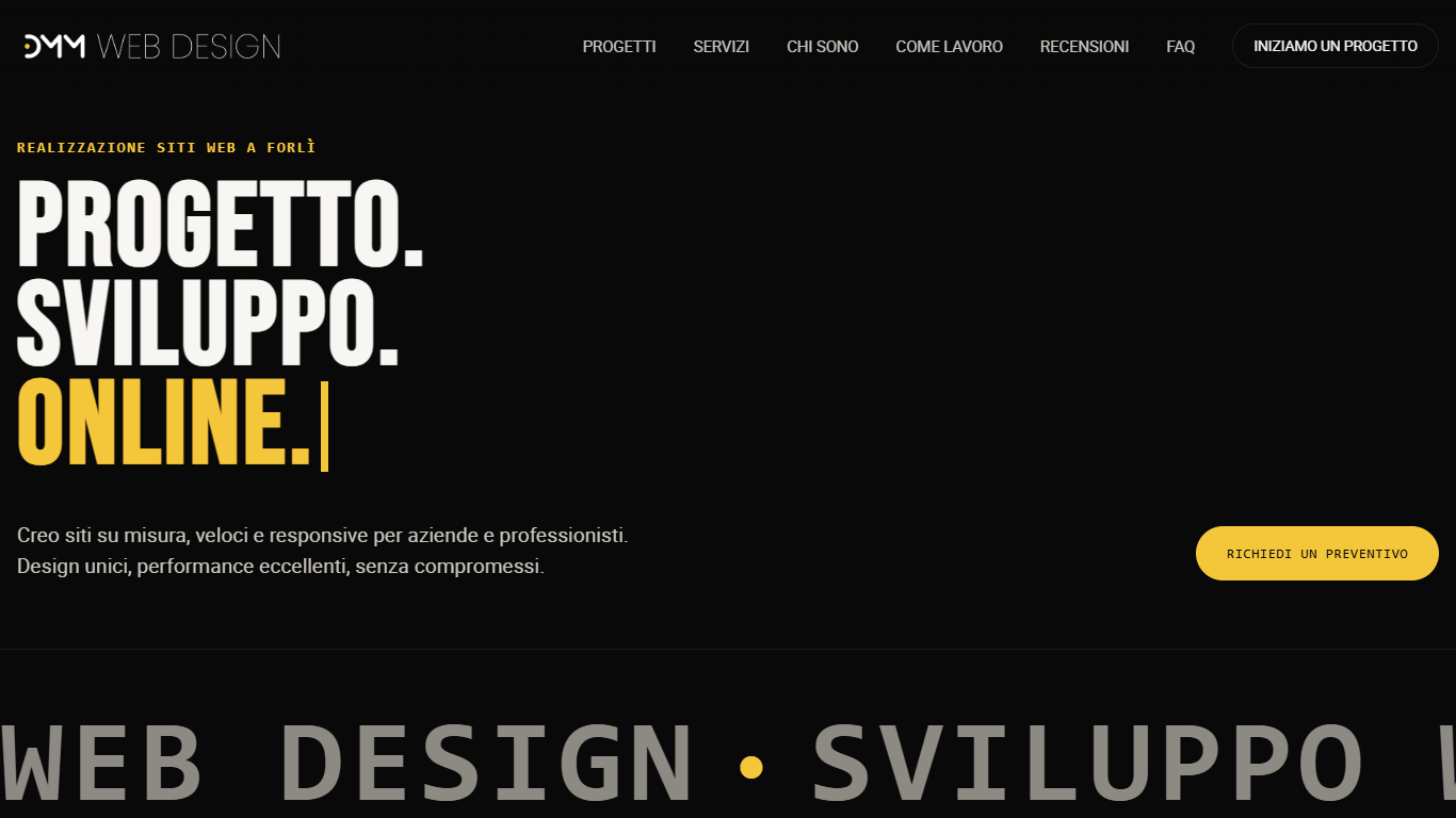 A website mockup for DMM Web Design featuring a black background, bold Italian headlines about project, development, and online presence, a yellow "Request a Quote" button, and an Italian navigation menu.