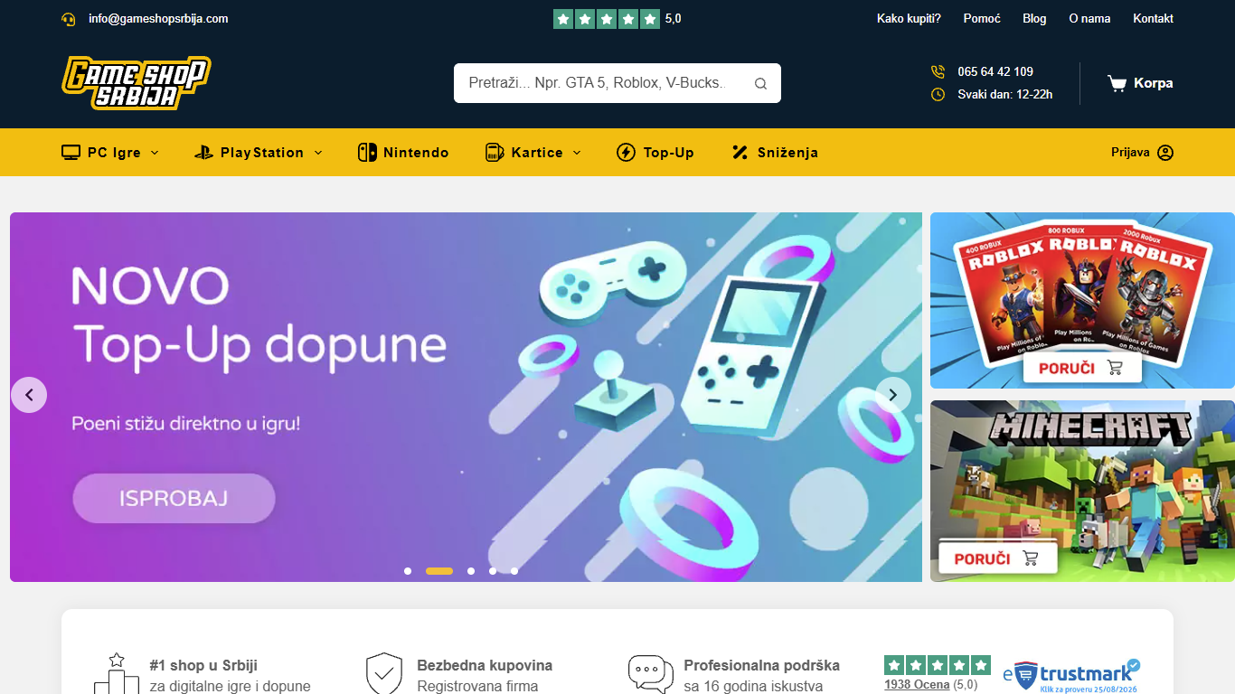 A website mockup for Game Shop Srbija featuring a dark navigation bar, a yellow category menu, a purple "Top-Up" promotional banner, and featured game products with order buttons.