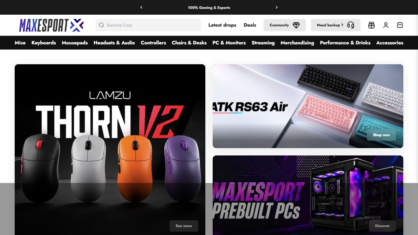 A website mockup for Maxesport featuring a dark layout, a dense multi-level navigation menu, and promotional banners for gaming mice, keyboards, and prebuilt PCs.