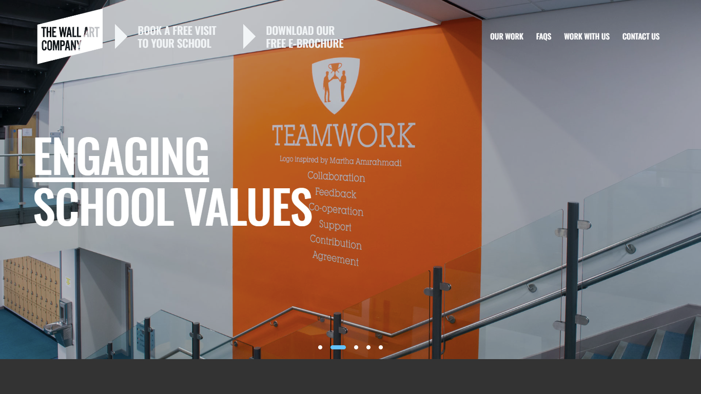 A website mockup for The Wallart Company featuring a split-screen hero with "Engaging School Values" text and a vibrant orange "Teamwork" mural, alongside a navigation menu.